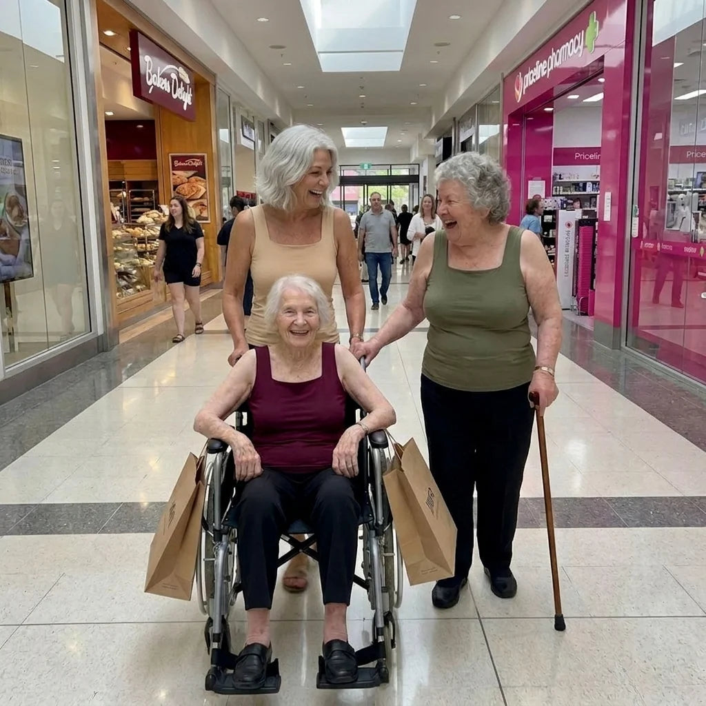 Three women enjoying a shopping trip together, one seated in a wheelchair