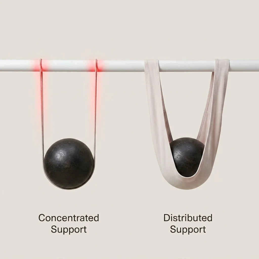 Concentrated support on two narrow straps compared with distributed support across a wide garment