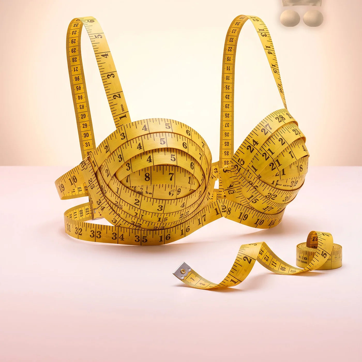 A bra formed from yellow measuring tape