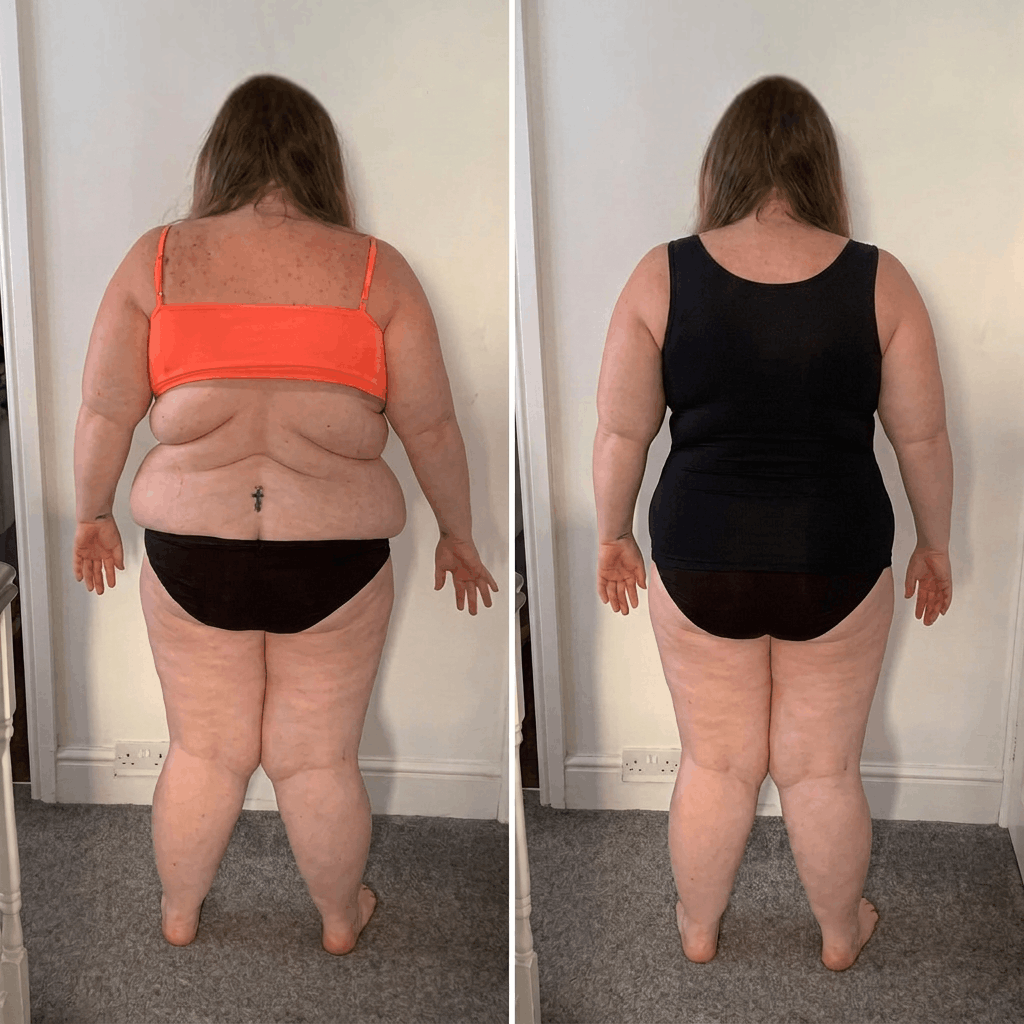 Source comparison showing the back in a bra and in a black tank