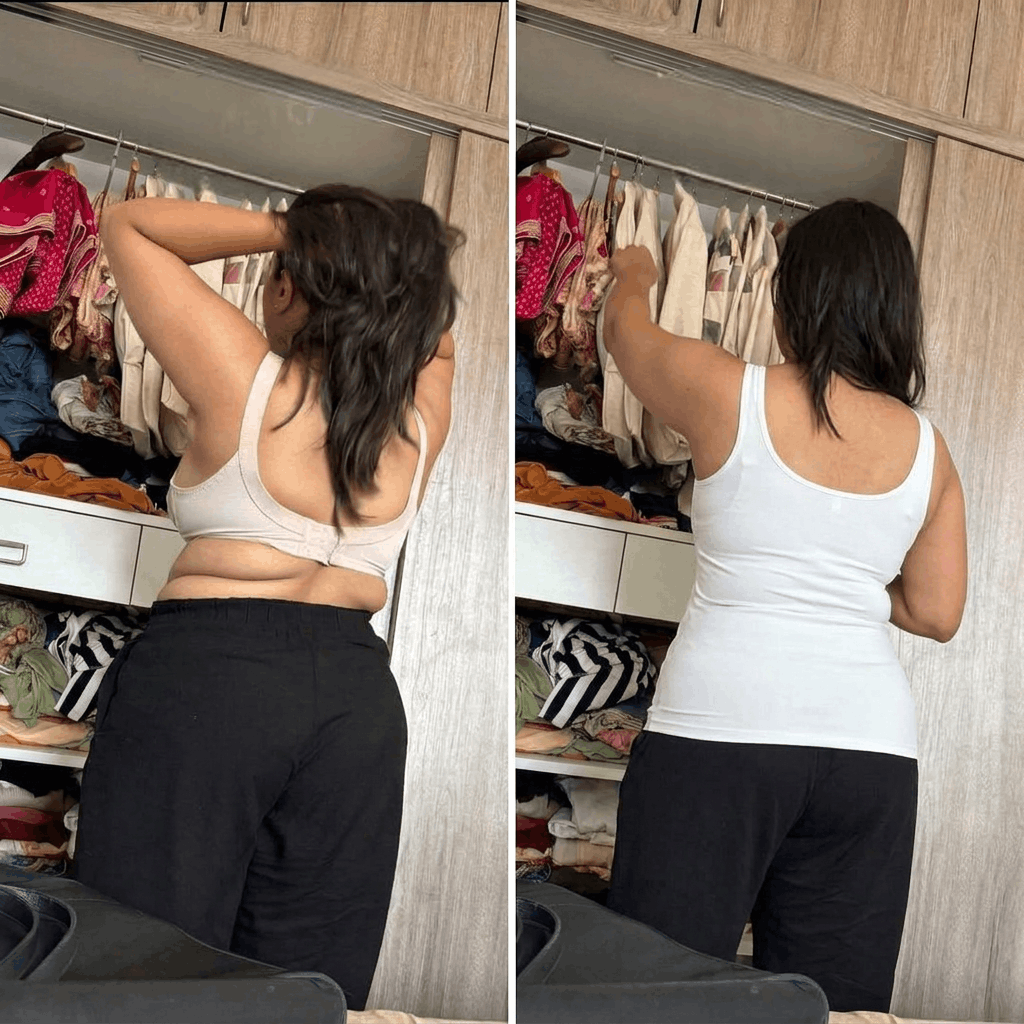 Source customer wearing a white tank while getting dressed