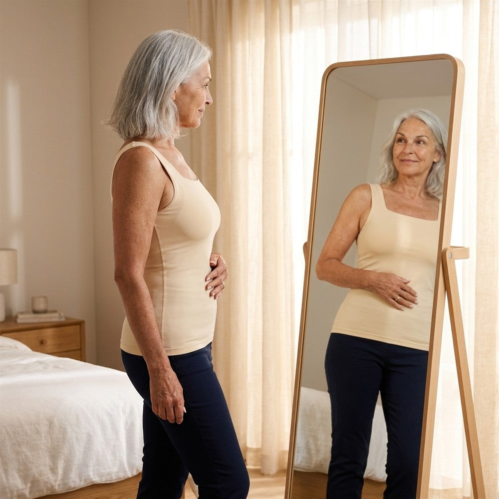 Woman in the nude tank getting ready at a bedroom mirror